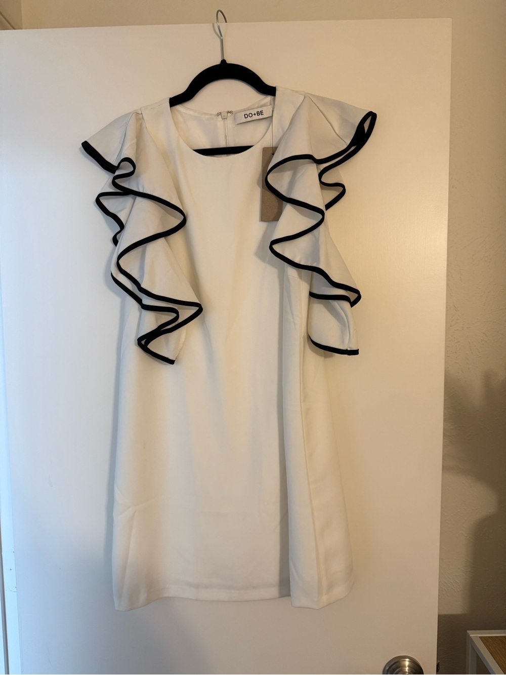 DO+BE White Mini Dress with Black Ruffle Trim - Picture 1 of 4